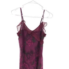 Womens Dark Purple Slip Dress Floral Design Ruffle Trim