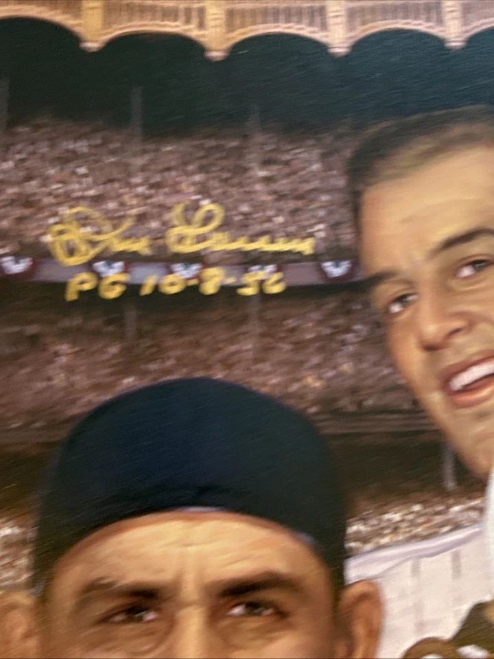 Yogi Bera Don Larsen Yankees Autografiado Lienzo Enmarcado 11x23 Todo American LOA Foto 3 de 4