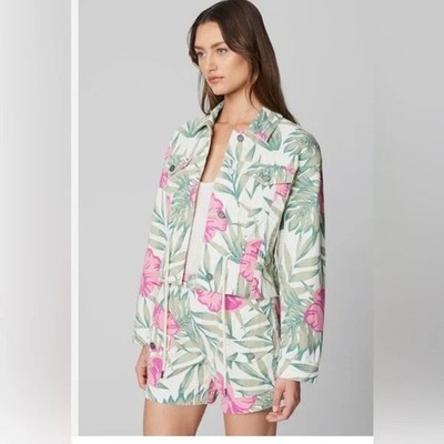 Blank NYC White Floral Print Jean Jacket with Pink & Green Hawiian M