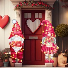 2 Pcs Gnome LED Lighted Valentine's Day Outdoor Yard Stakes Pink Hearts