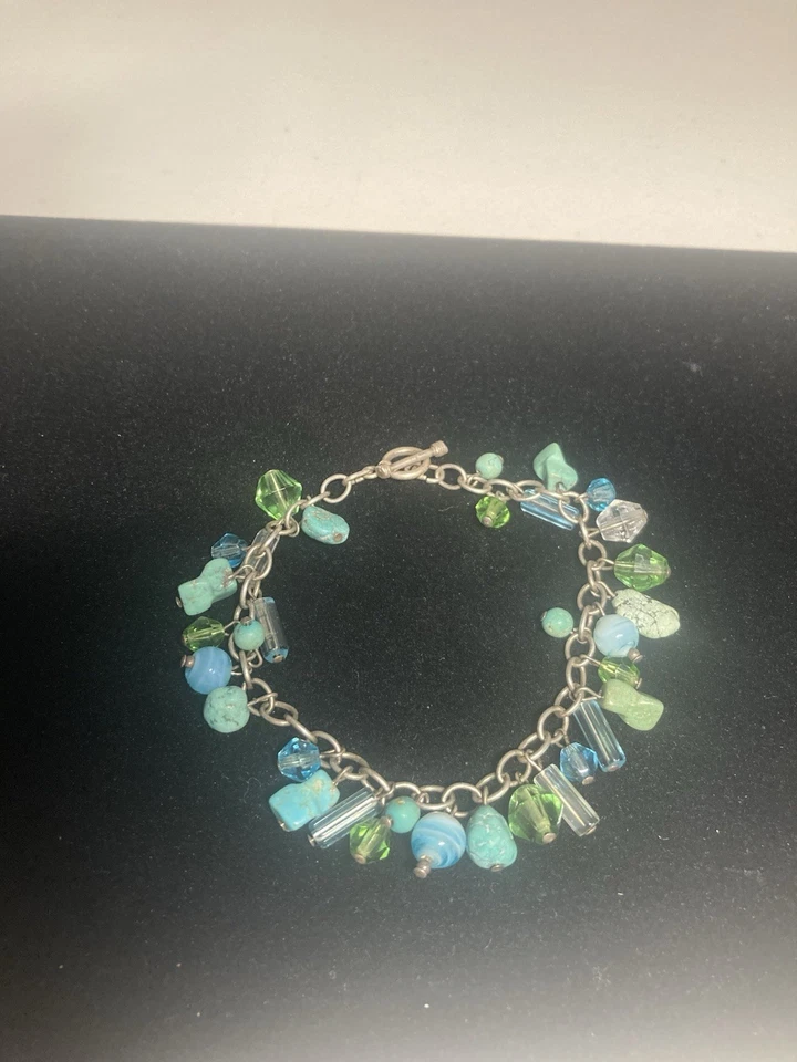 Sterling Silber Multi Stein und Perlen Knebelverschluss Armband ca. 7,5"