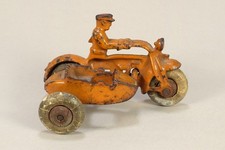 Vintage 1930s Hubley Cast Iron Police Motorcycle Toy with Sidecar 4" Long