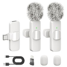 White Wireless Lavalier Microphone for iPhone  Android - Mini Clip-On Mic wi...