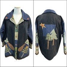 Handmade Patchwork Denim Quilted Jacket Coat Cottagecore Folk Art Christmas Tree