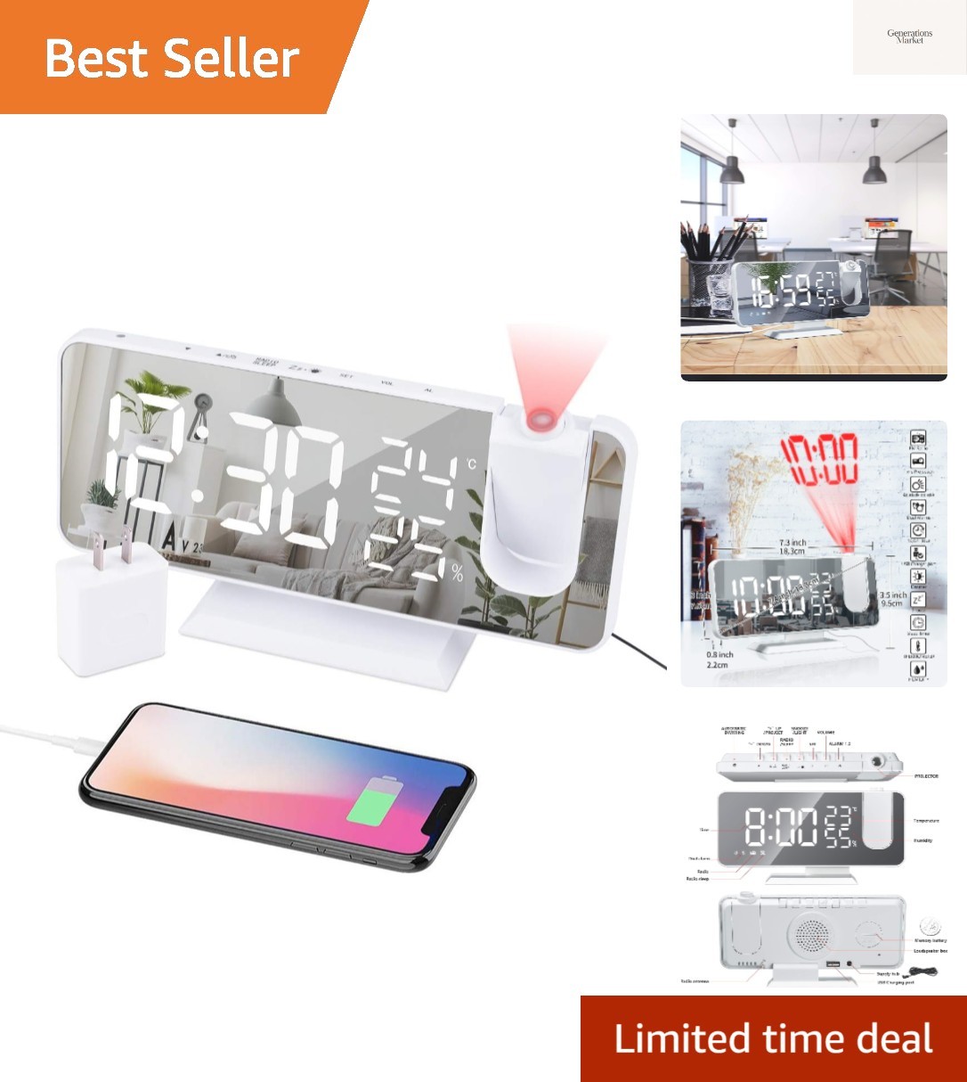 For Bedroom Ceiling Digital Clock Radio With Usb Charg...