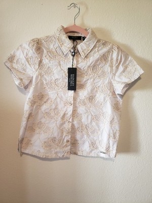Badgley Mischka Petites PS White/Beige Floral Embroidered Button-Up Blouse