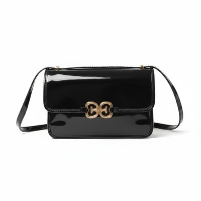 Sam Edelman Christy Box Shoulder Bag Black Patent Gold Logo Convertible Strap...