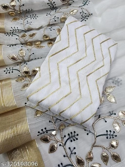 Women's COTTON WHITE Embroidered Saree with Blouse - Image 2 of 4