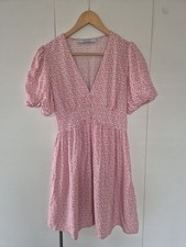 Primark Pink Floral Tea Dress UK 8 V Neck Puff Sleeve Mini Summer Dress