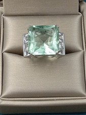 Sterling Silver Ring w. Faceted Green Quartz Clear CZ Setting: S 5