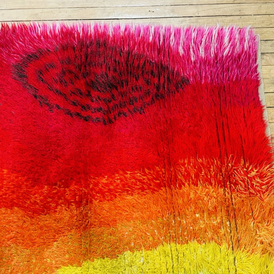 MCM escandinavo vintage años 60 70 (?) Alfombra Rya Shag Pile abstracta psicodélica hippie Foto 4 de 4