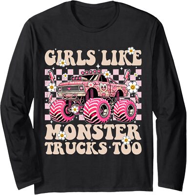 Funny Girls Like Monster Trucks Too Pink Monster Long Sleeve Tshirt