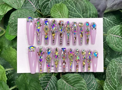 Purple 2XL Crystal AB Handmade Press on Nails Long Coffin Nail Charm
