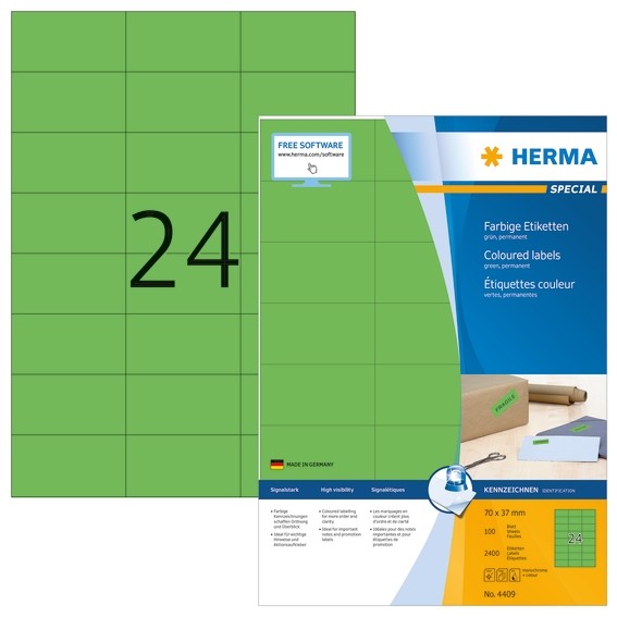 Herma 4409 Farbige Etiketten A4 70X37 Mm GrüN Papier Matt 2400 St.-image