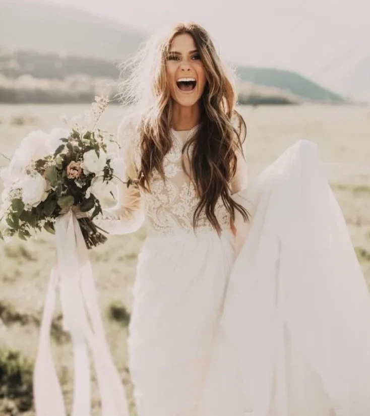 Богемский пляж кружева свадебные платья с чистый длинные рукава бато шеи линия - Изображение 2 из 4