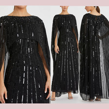 NWT 798 Mac Duggal  18  93869 Beaded Embellished Column Cape Gown Black J972