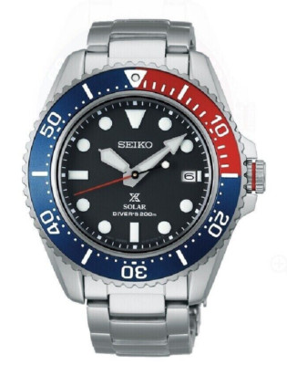 Seiko Men S Solar Diver Black Dial Pepsi Steel Bracelet Watch Sne591