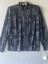 Alex Evenings Women's Jacket Medium Black Gunmetal Mandarin Neck Glitter Zip USA