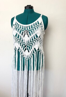 Women s White Crochet Fringe Knitted Tank Top Bohemian Festival Top One Size