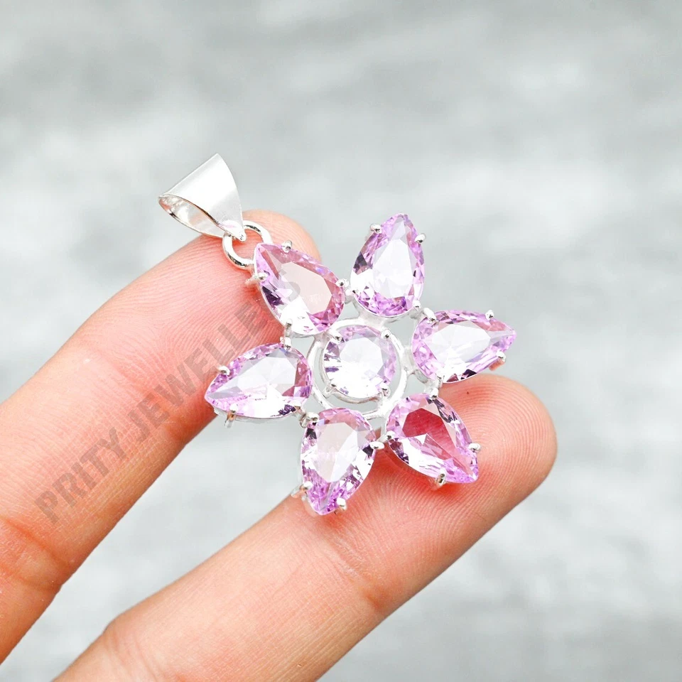Pink Kunzite Flower Pendant 925 Sterling Silver Handmade Gemstone Jewelry Gift - Image 3 of 4