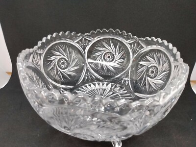 Vintage brilliant cut crystal footed bowl, buzz flower and star/fan design 8''D