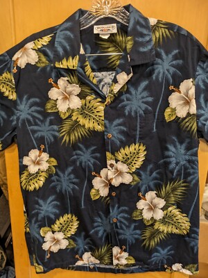 Pacific Legend Men's Large Black Hawaiian Aloha Shirt Made In USA Lotus Orchid