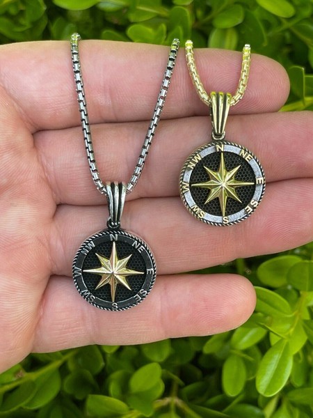 Alternate view of Real Solid 925 Silver 14k Gold Plated Navigation Star Compass Pendant Necklace
