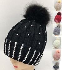 Warm Winter Crystal Beanie Bling Studded Hat Pom Pom Knit Plush Faux Fur Lining