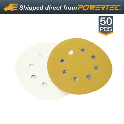 POWERTEC 44010G-50 50pcs Gold Hook and Loop 8 Hole Disc 5'' 100 Grit Sanding Disc