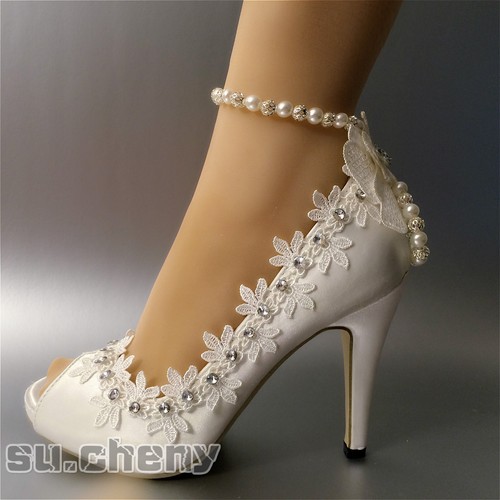 Zapatos de boda su.cheny 3"" 4"" tacón satén blanco marfil encaje tobilla puntera abierta talla - Imagen 24 de 29