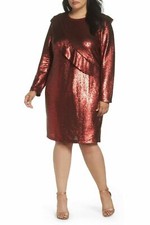 GLAMOROUS Womens Plus Size Sequin Ruffle Jewel Neck Long Sleeve Dress Size 14 