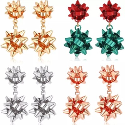 Double Christmas Present Bow Dangle Earrings - Festive Holiday Jewelry Gift