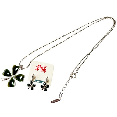 set four leaf clover necklace and dangle earrings green