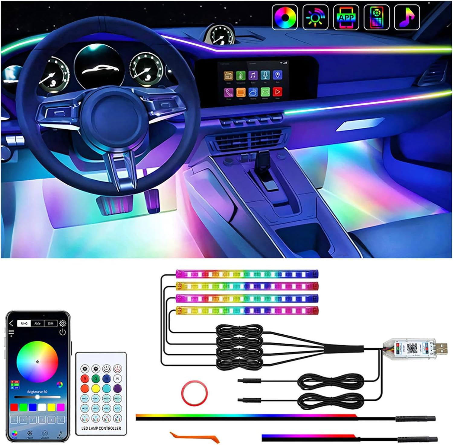 Striscia LED Auto RGB App Control - Kit Illuminazione Ambientale 12V