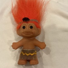Russ Native American Indian Troll Doll Orange Hair Headdress Loincloth 3" Tall