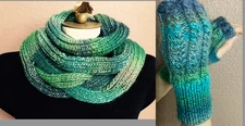 Hand Knitted Infinity Scarf  and mittens Green / Blues - Measures  76 x 11 - New