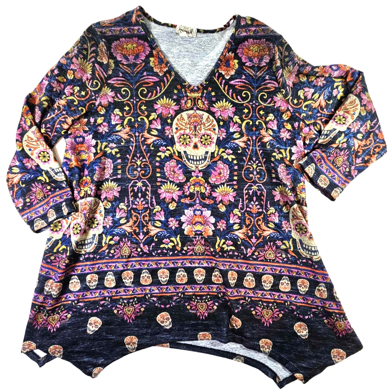 One World Women’s XL Floral Rhinestone Skull Embellished Tunic Top Whimsy Artsy