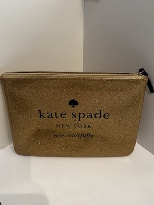 KATE SPADE NEW YORK GLITTER GOLD MAKEUP COSMETIC BAG GOLD/BLACK LIVE COLORFULLY