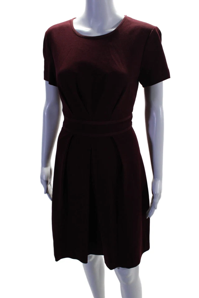 Vestido Patinador Trina Turk Mujer Seda Manga Corta Forrado Cremallera Borgoña Talla 6 Foto 2 de 4