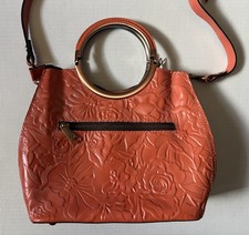 PATRICIA NASH Aria Double Ring Orange Floral Zip Tooled Cutout Leather Satchel