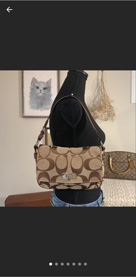 バッグ COACH Signature Turn Lock Shoulder Bag Coach Signature Canvas Shoulder Bag Brown Beige Turn Lock Leather