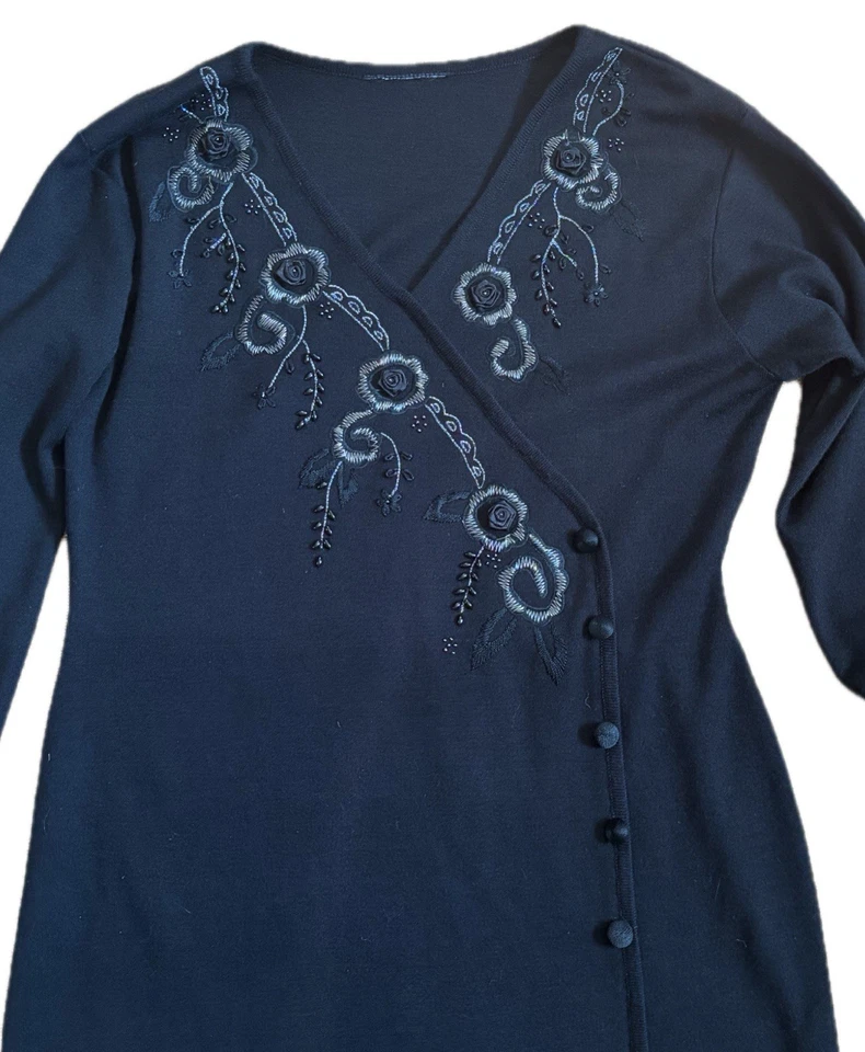 Vintage Floral Embellished Beaded Embroidered Black Sweater Dress Fits L XL - Image 2 of 4