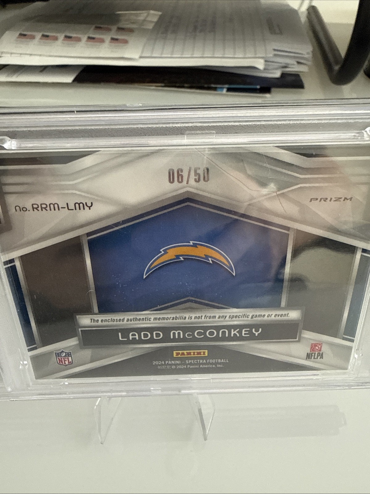 Ladd McConkey 2024 Rookie Patch /50 Panini Spectra Rookie Rising RRM-LMY PSA 8! view 5