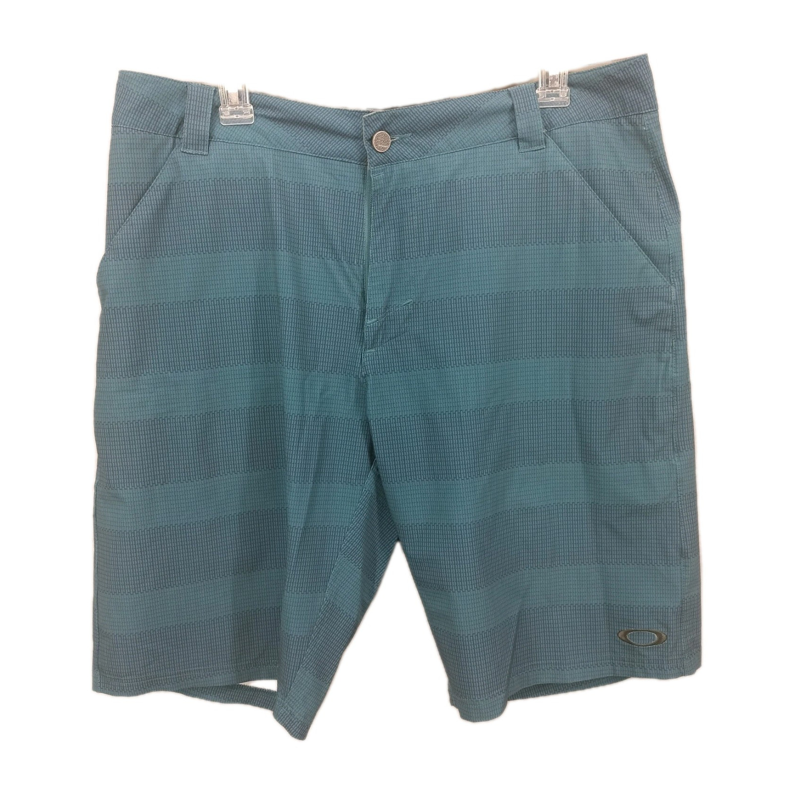 Oakley Men 34W Shorts Teal Blue Striped Performance Stretch Golf Flat Front Beac