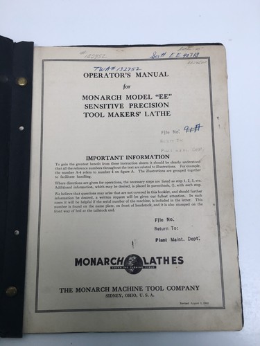 1942 Monarch Model EE Sensitive Precision Tool Makers Lathe Operators Manual - Picture 2 of 5