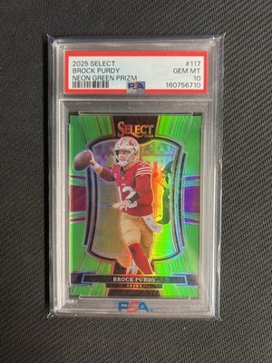 2025 Panini Select #117 Brock Purdy Premier Neon Green Prizm 40/49 49ers PSA 10