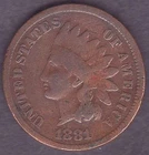US Rare Old West 1881 Indian Head Penny, American 1 Cent Very Good Copper Coin
