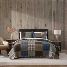 Queen Quilt Set Reversible Plaid Patchwork Design Rustic Cabin Lodge Farm 3pc