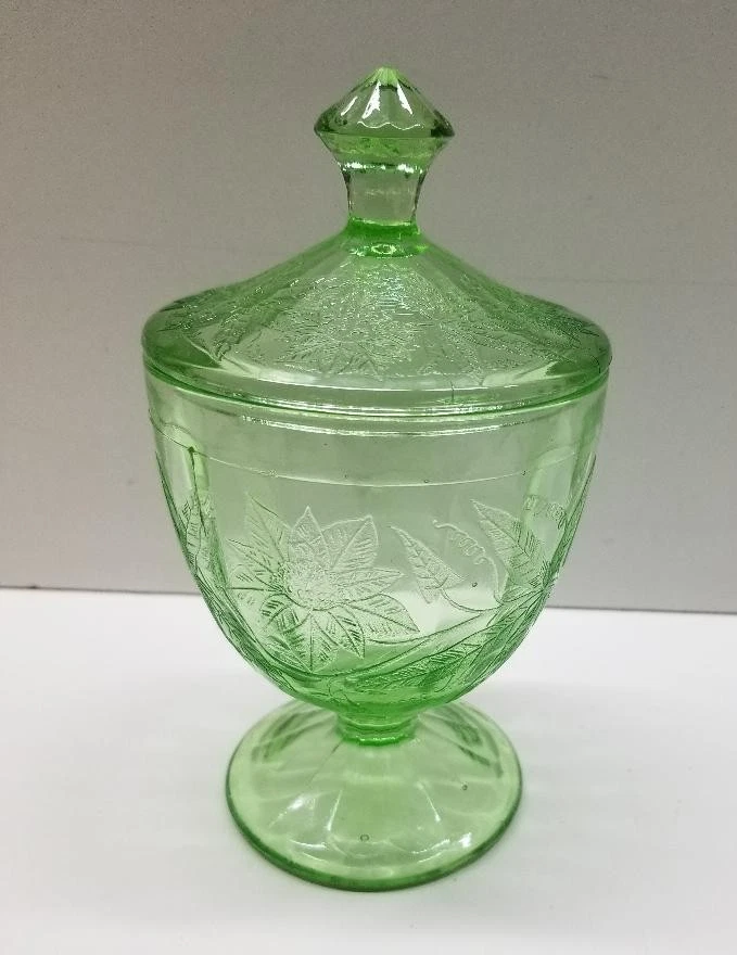Jeannette Floral Footed Green Uranium Depression Glass Lidded 6" Candy Dish-MINT - Image 2 of 4