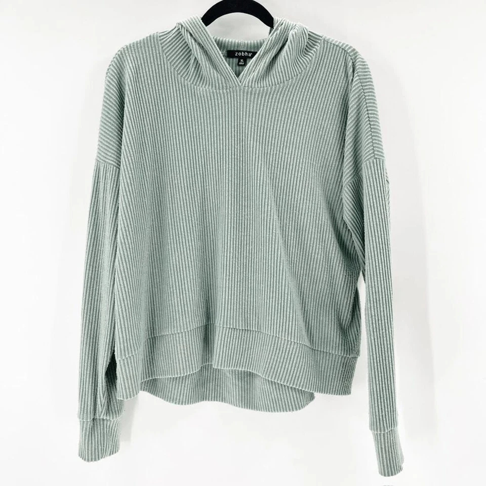 Zobha Womens Jessi Ribbed Hoodie Size XL Green Cropped Pullover Oversized - Image 2 of 4